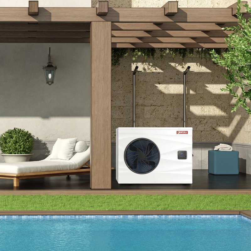 Giatsu LION pool heat pump installed next to swimming pool