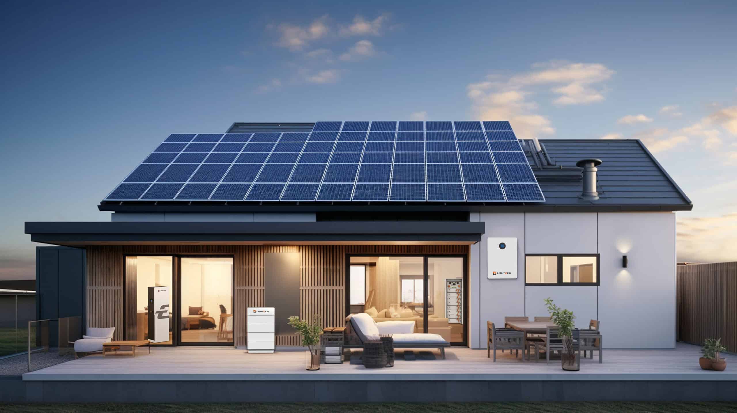 Modern house with solar panels and LithTech battery storage system